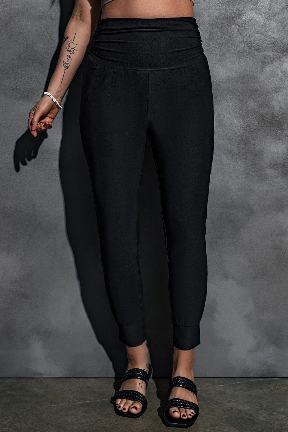 Black Pleated Casual Pocket High Waisted Leggings - Vesteeto