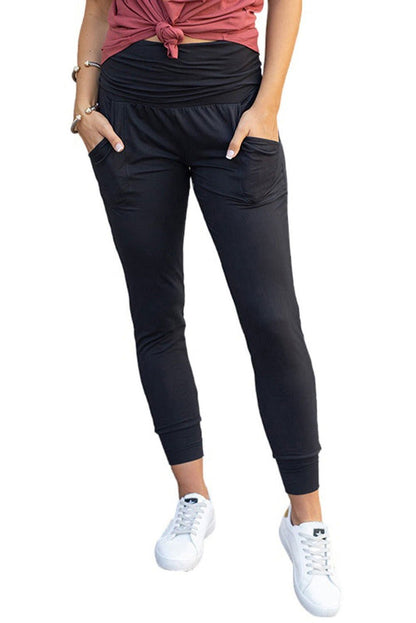 Black Pleated Casual Pocket High Waisted Leggings - Vesteeto