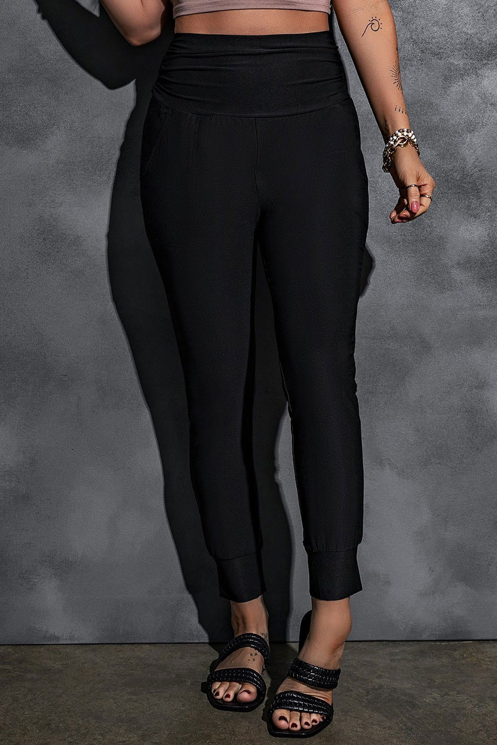 Black Pleated Casual Pocket High Waisted Leggings - Vesteeto