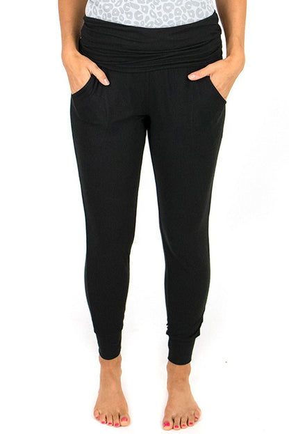 Black Pleated Casual Pocket High Waisted Leggings - Vesteeto