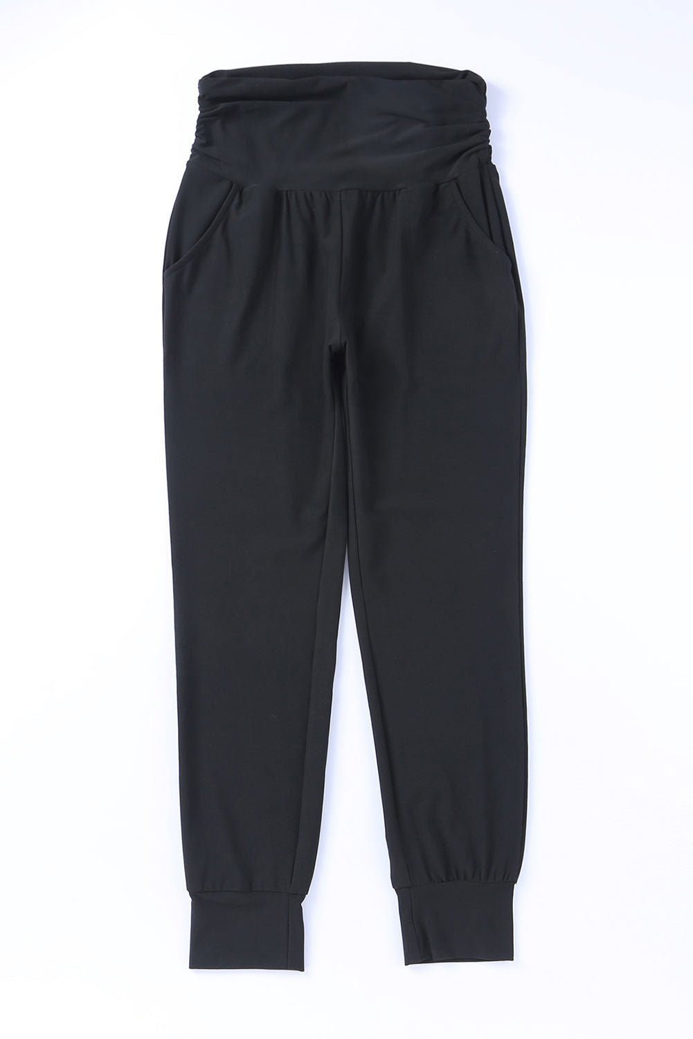 Black Pleated Casual Pocket High Waisted Leggings - Vesteeto