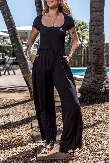 Black Pleated High Waist U Neck Short Sleeve Jumpsuit - Vesteeto