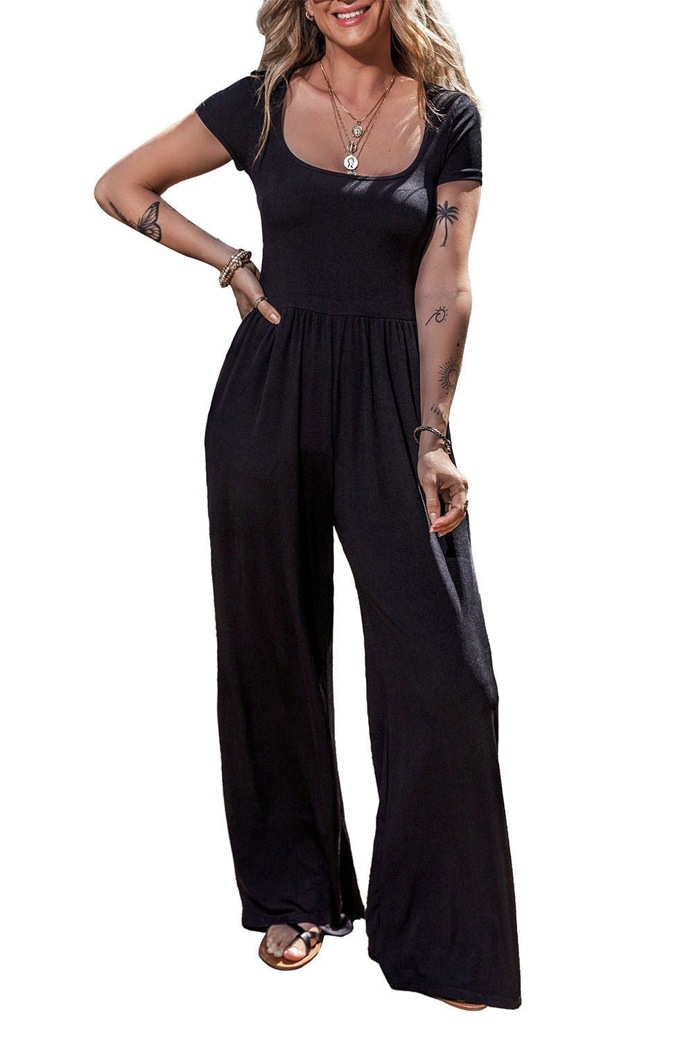 Black Pleated High Waist U Neck Short Sleeve Jumpsuit - Vesteeto