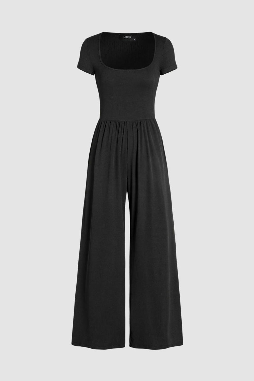 Black Pleated High Waist U Neck Short Sleeve Jumpsuit - Vesteeto