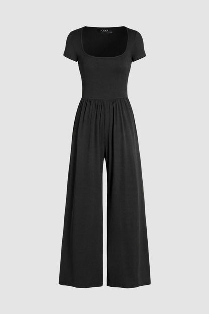 Black Pleated High Waist U Neck Short Sleeve Jumpsuit - Vesteeto