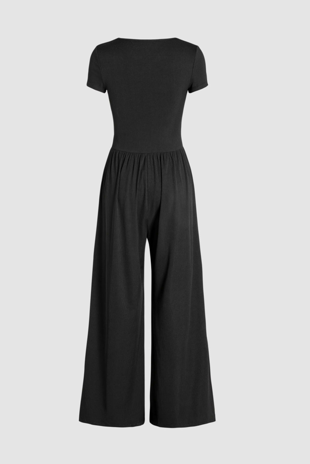 Black Pleated High Waist U Neck Short Sleeve Jumpsuit - Vesteeto