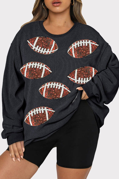 Black Plus Size Corded Sequin Rugby Graphic Drop Shoulder Sweatshirt - Vesteeto