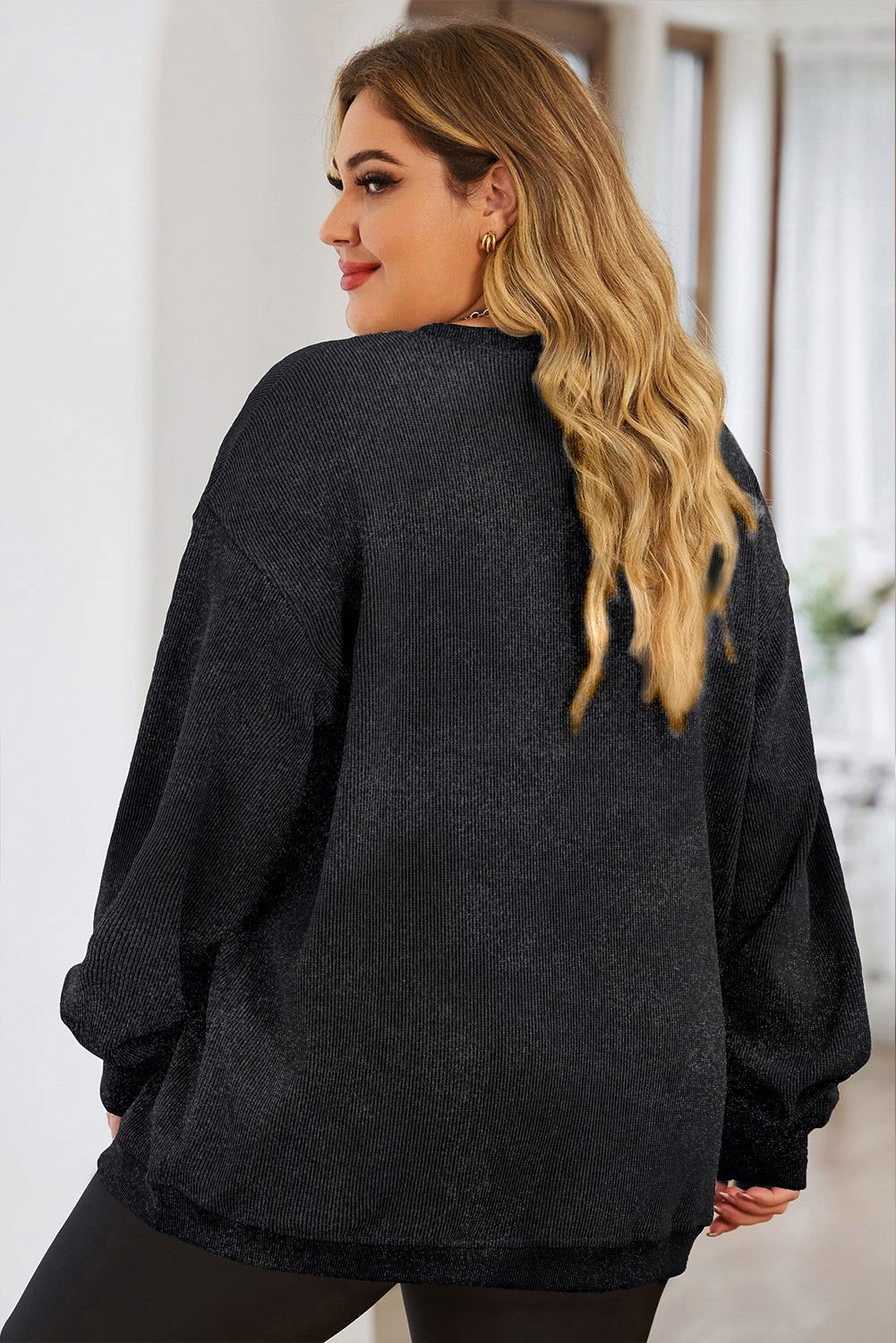 Black Plus Size Corded Sequin Rugby Graphic Drop Shoulder Sweatshirt - Vesteeto