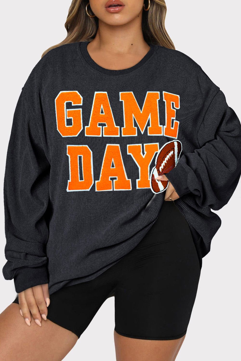 Black Plus Size GAME DAY Rugby Graphic Corded Sweatshirt - Vesteeto