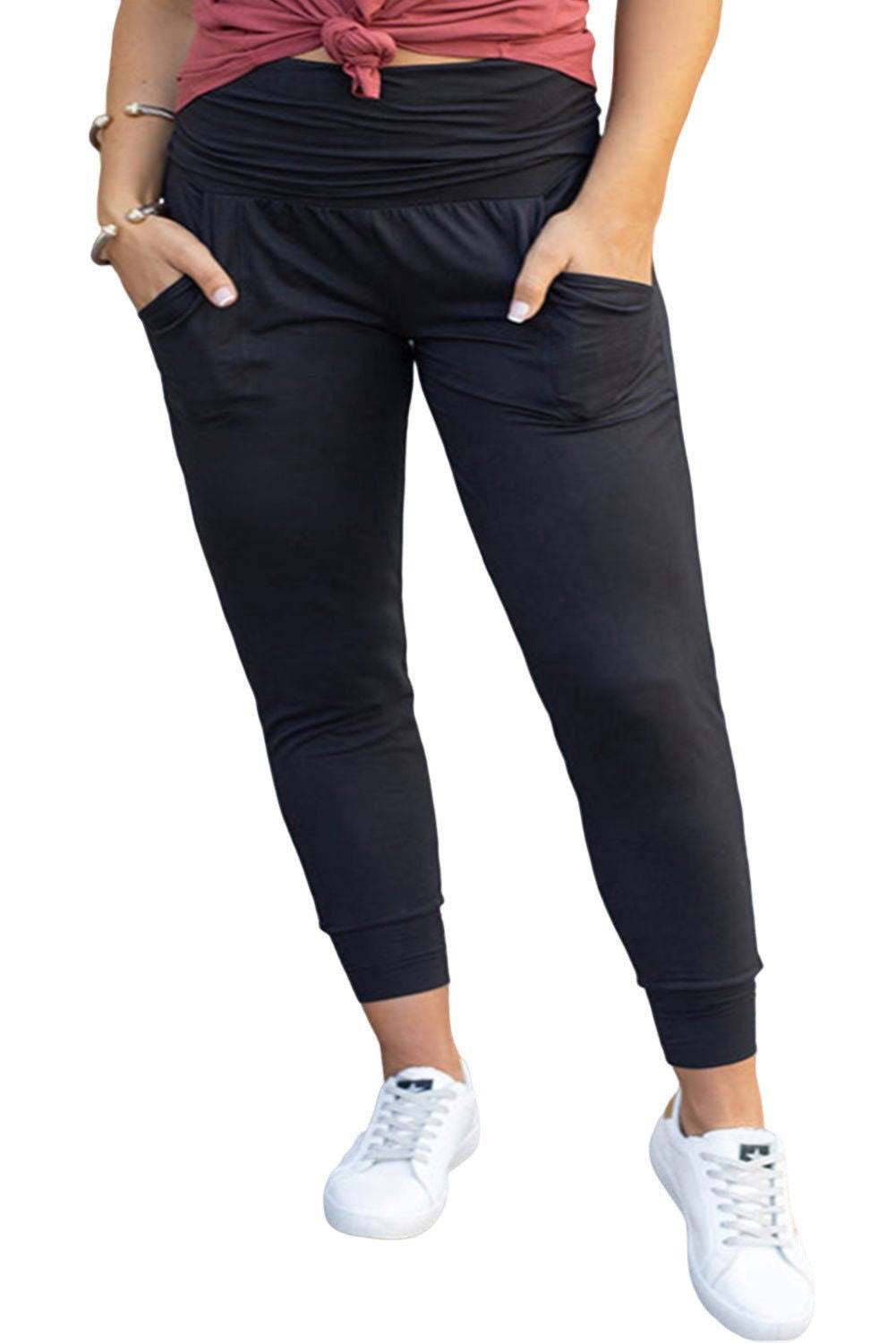 Black Plus Size High Waist Pocketed Skinny Pants - Stylish Fit - Vesteeto