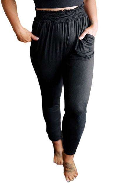 Black Plus Size Smocked High Waist Pocketed Soft Pants - Vesteeto