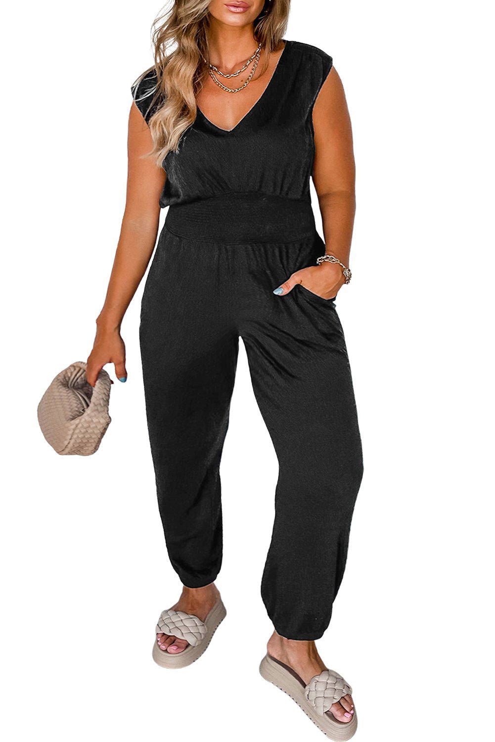 Black Plus Size Smocked High Waist Sleeveless V Neck Jumpsuit - Vesteeto