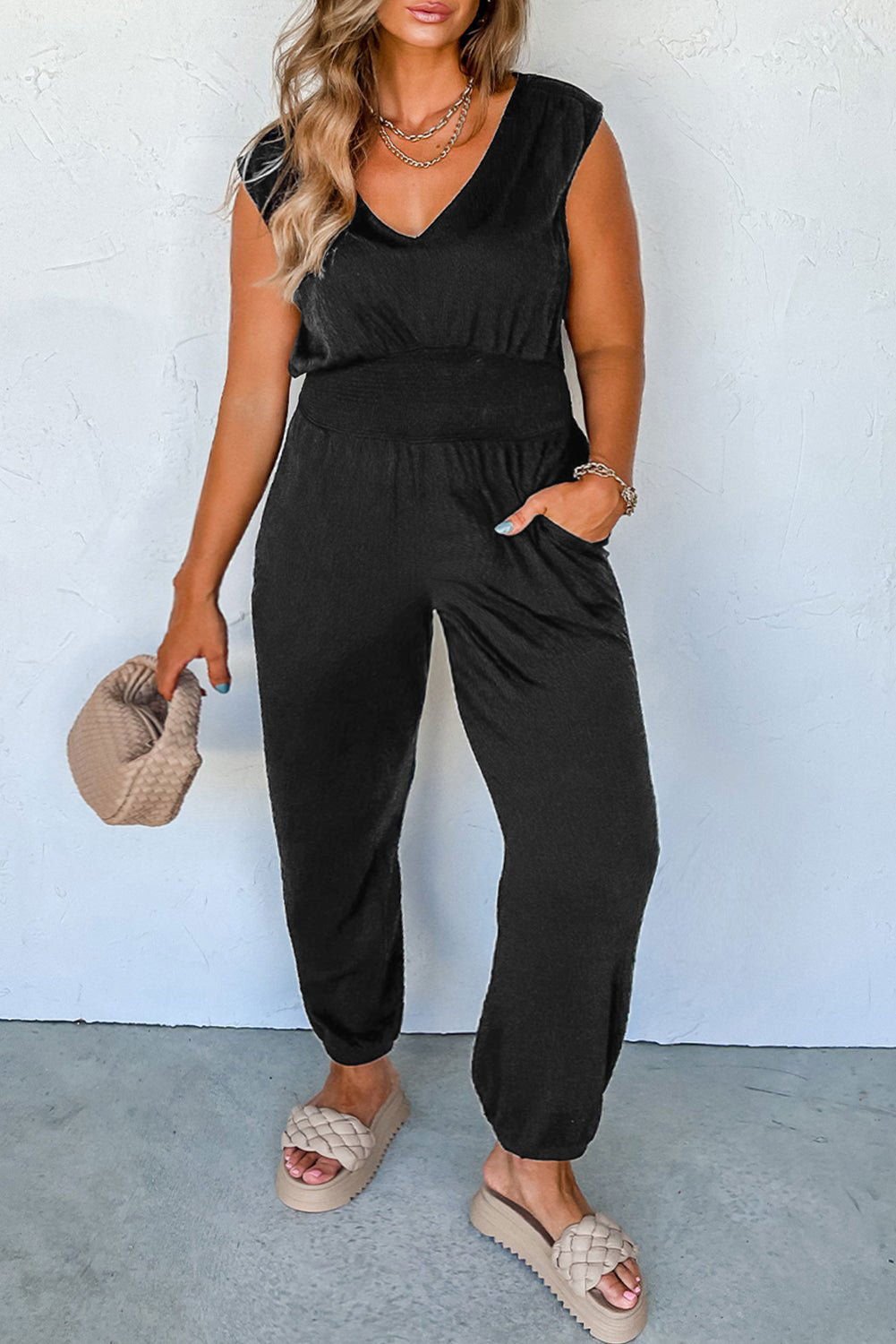 Black Plus Size Smocked High Waist Sleeveless V Neck Jumpsuit - Vesteeto