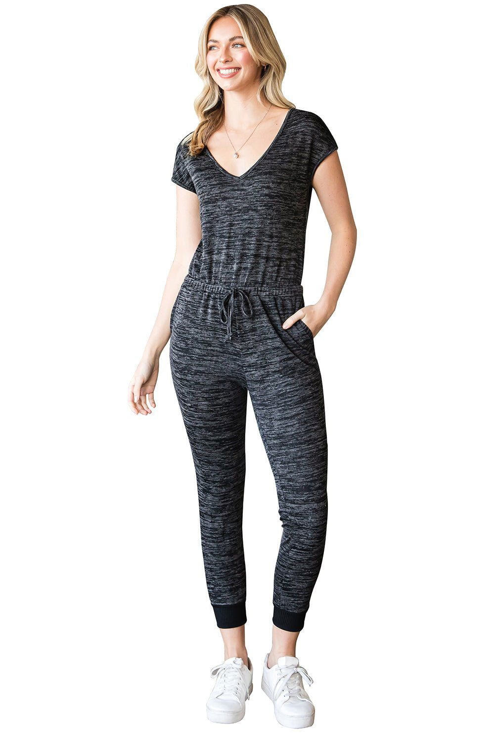 Black Pocket Casual Drawstring High Waisted Jumpsuit - Vesteeto