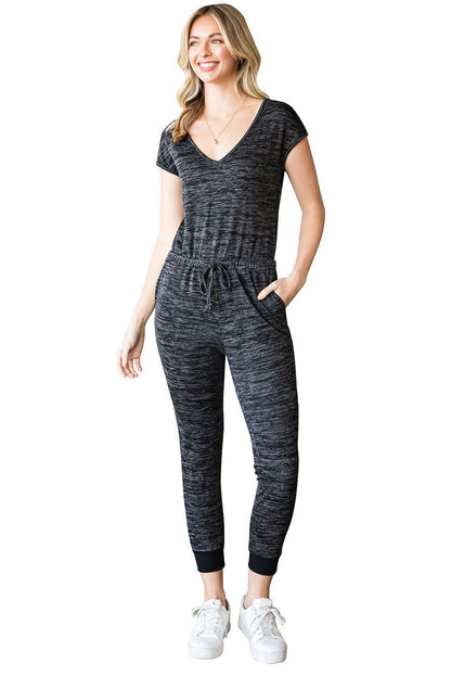 Black Pocket Casual Drawstring High Waisted Jumpsuit - Vesteeto