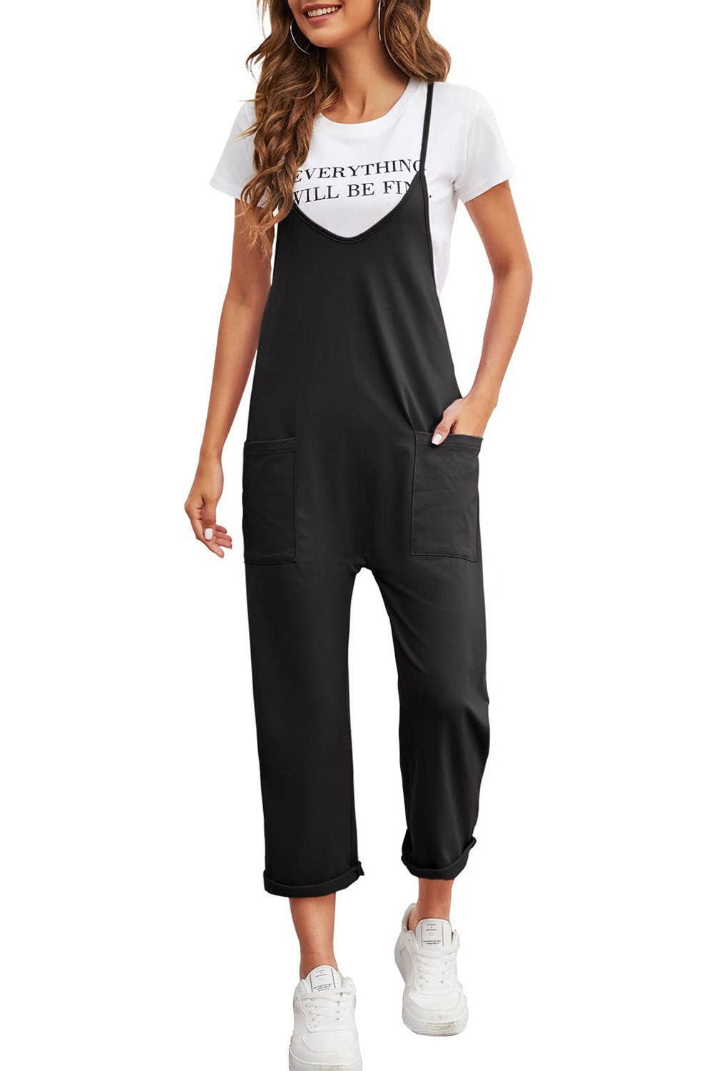 Black Pocketed Adjustable Spaghetti Strap Straight Leg Jumpsuit - Vesteeto