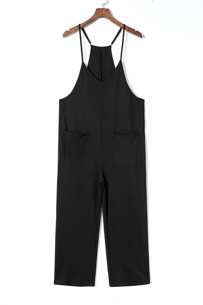 Black Pocketed Adjustable Spaghetti Strap Straight Leg Jumpsuit - Vesteeto