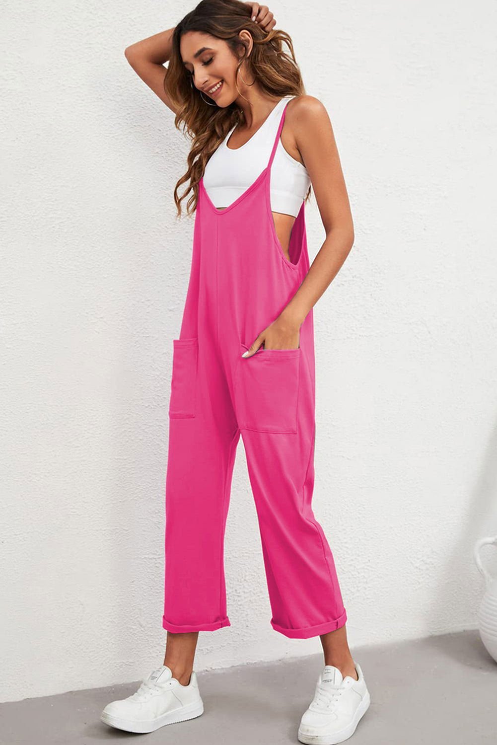 Black Pocketed Adjustable Spaghetti Strap Straight Leg Jumpsuit - Vesteeto