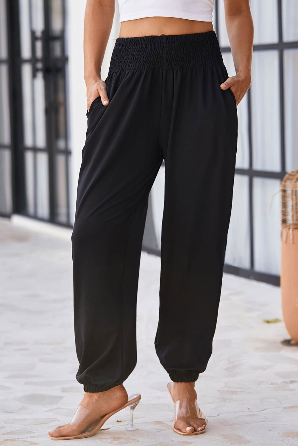 Black Pocketed Smocked High Waist Joggers - Vesteeto