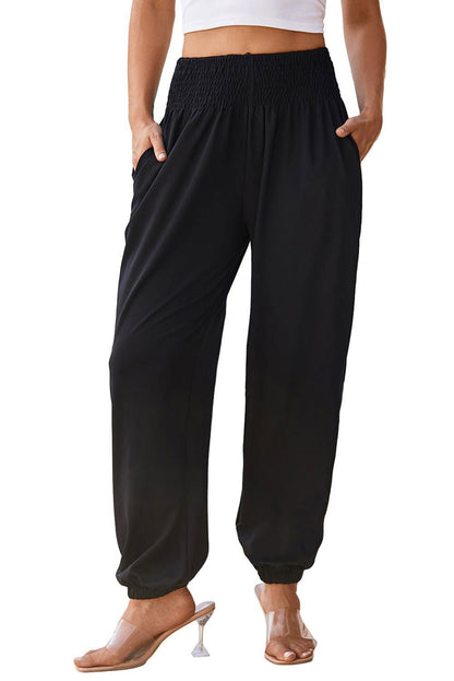 Black Pocketed Smocked High Waist Joggers - Vesteeto