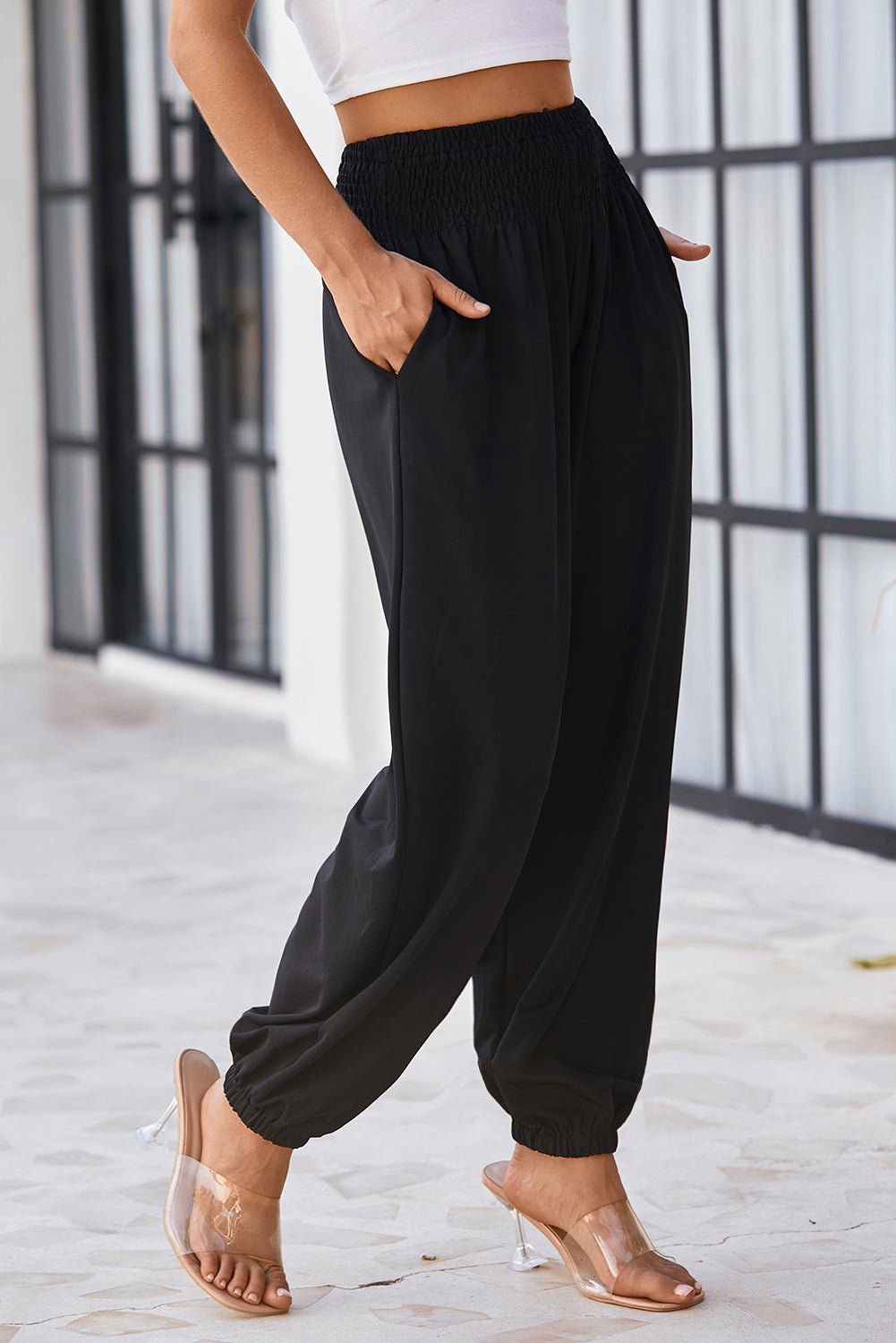 Black Pocketed Smocked High Waist Joggers - Vesteeto