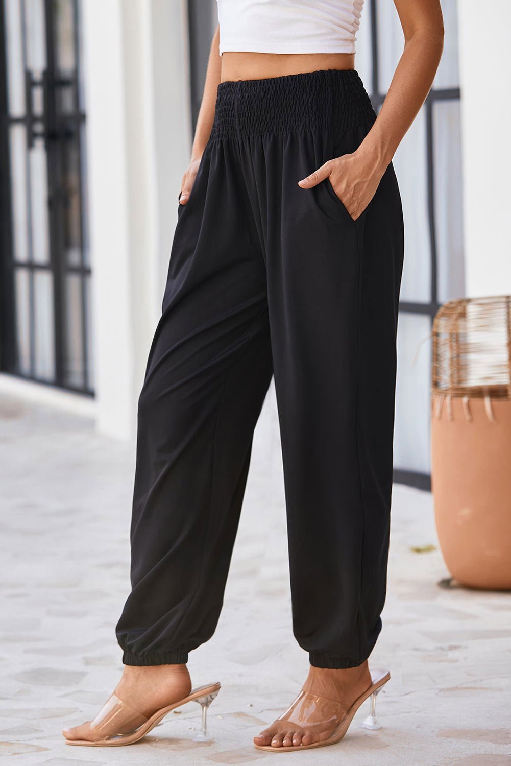 Black Pocketed Smocked High Waist Joggers - Vesteeto