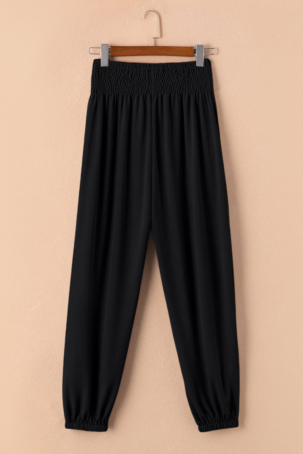 Black Pocketed Smocked High Waist Joggers - Vesteeto