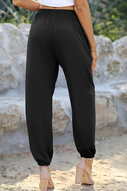 Black Pocketed Smocked High Waist Joggers - Vesteeto