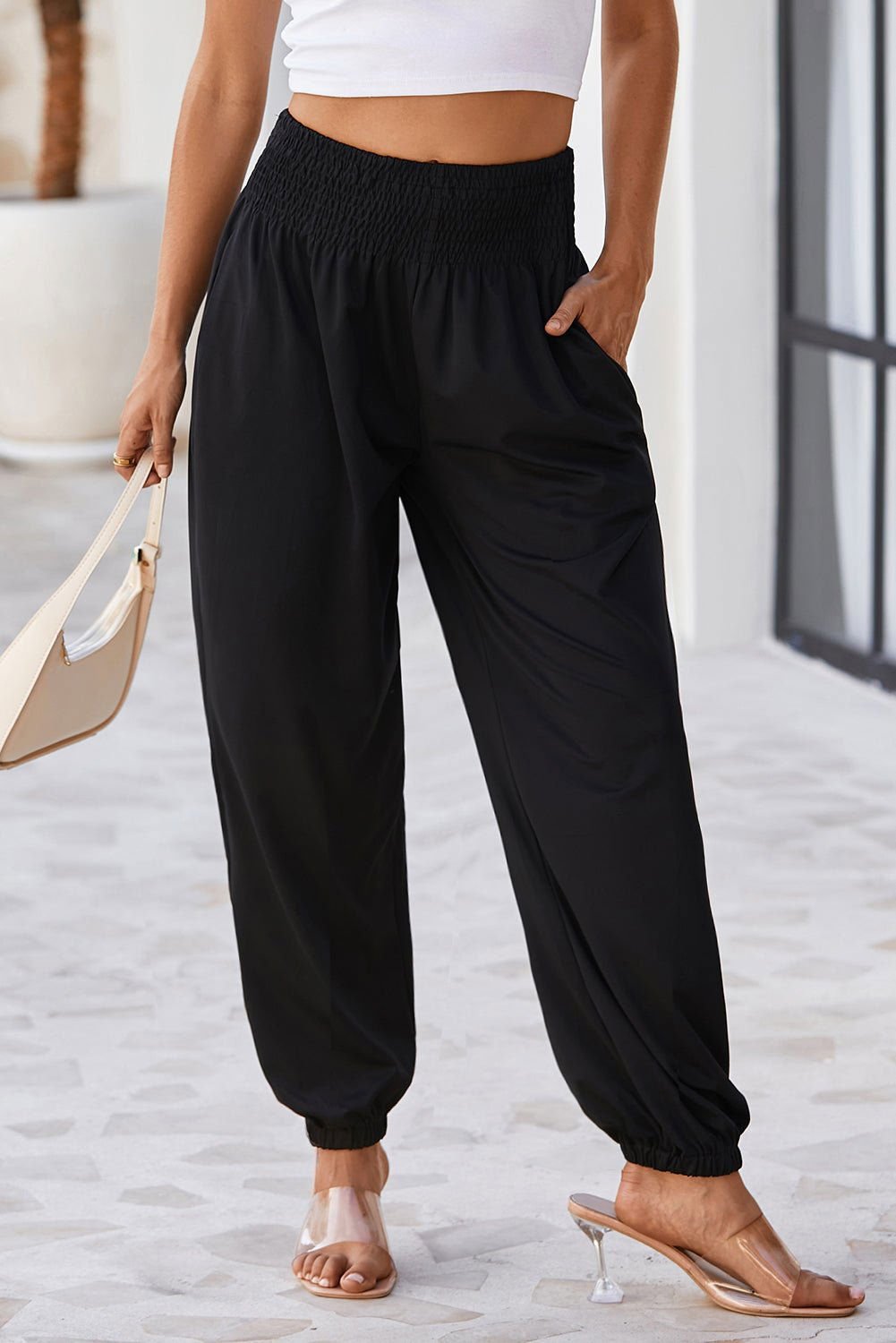 Black Pocketed Smocked High Waist Joggers - Vesteeto