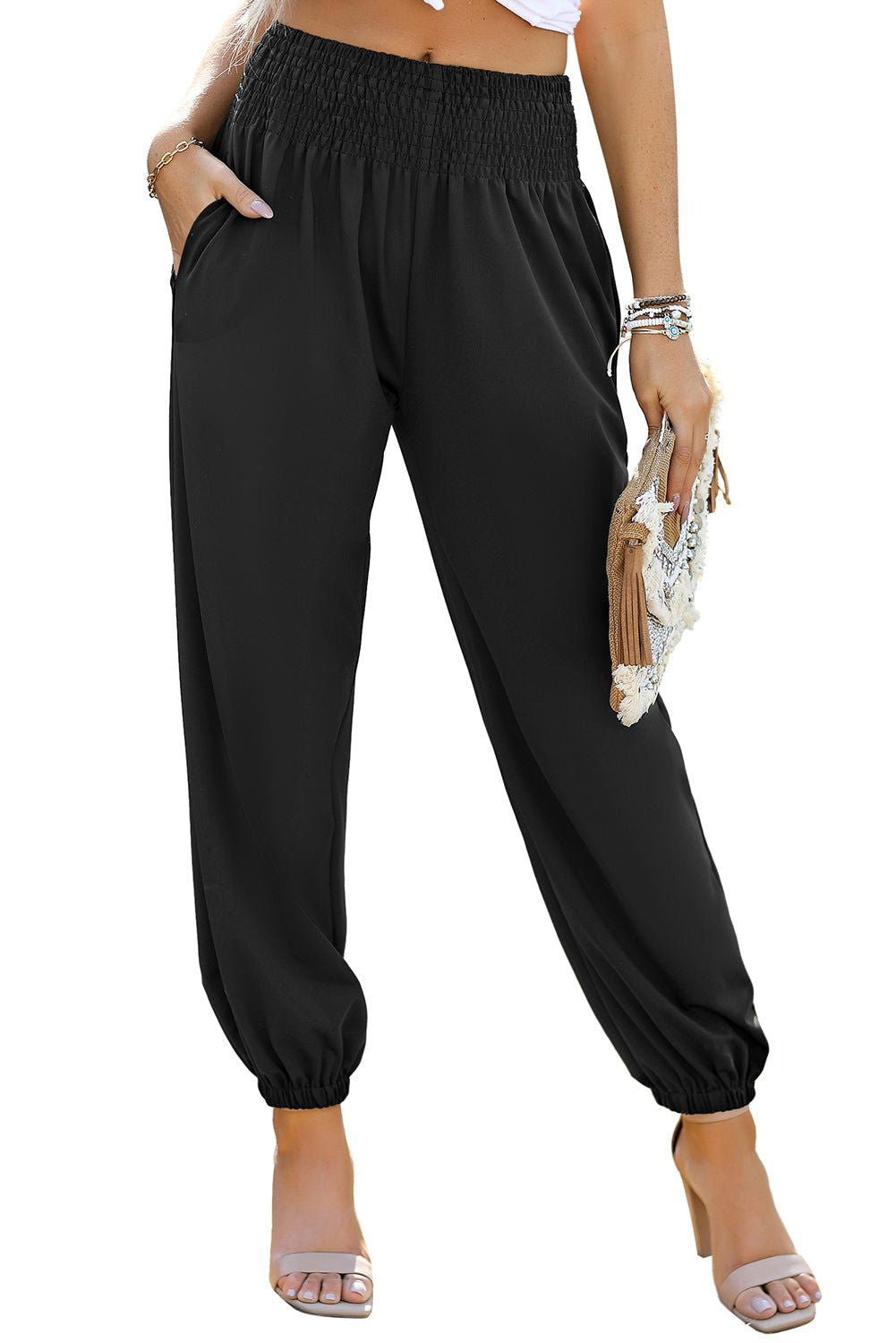 Black Pocketed Smocked High Waist Joggers - Vesteeto