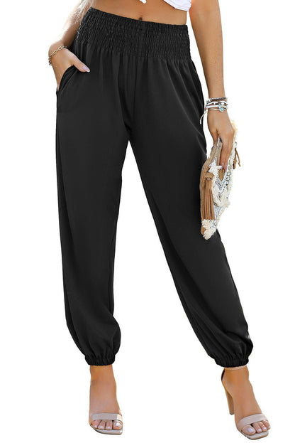 Black Pocketed Smocked High Waist Joggers - Vesteeto