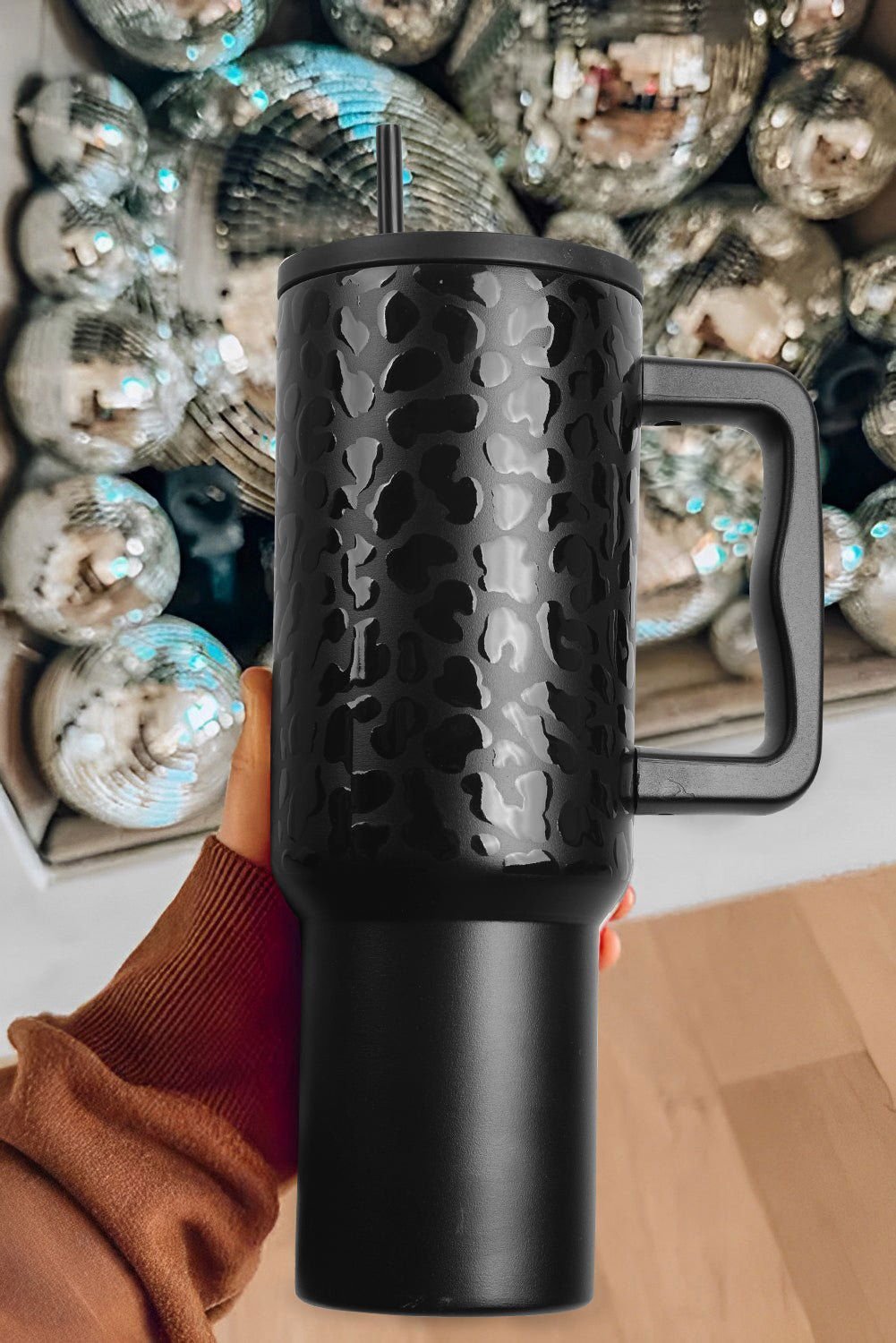 Black Polished Leopard Emboss Straw Thermal Tumbler 40oz - Vesteeto