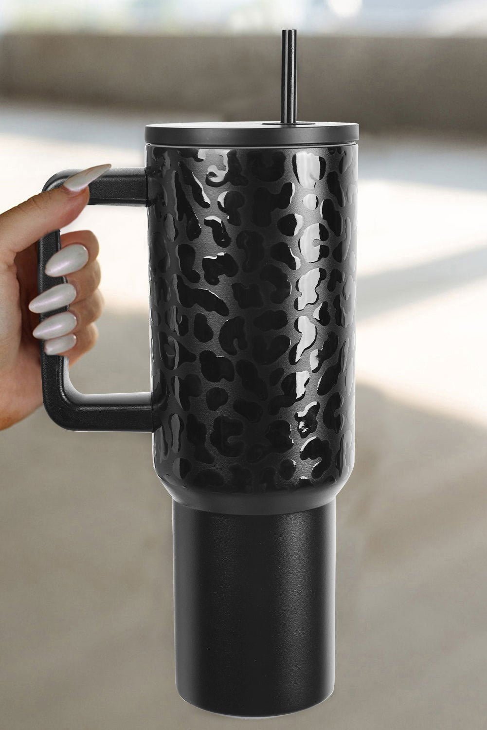 Black Polished Leopard Emboss Straw Thermal Tumbler 40oz - Vesteeto