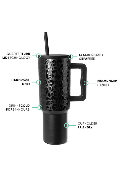 Black Polished Leopard Emboss Straw Thermal Tumbler 40oz - Vesteeto