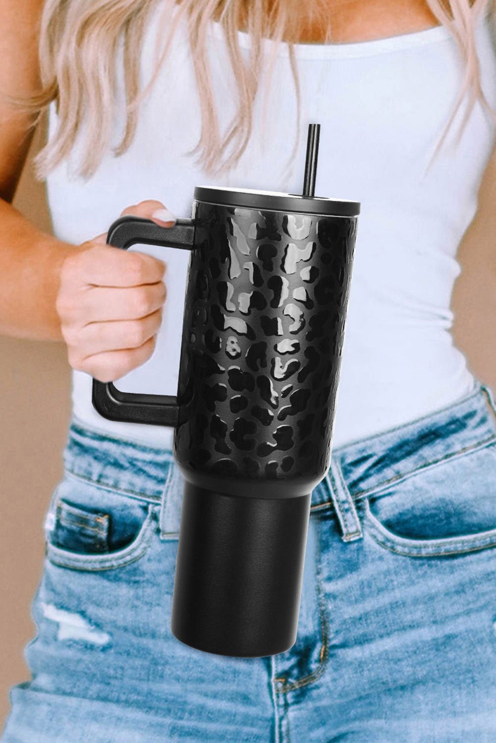 Black Polished Leopard Emboss Straw Thermal Tumbler 40oz - Vesteeto