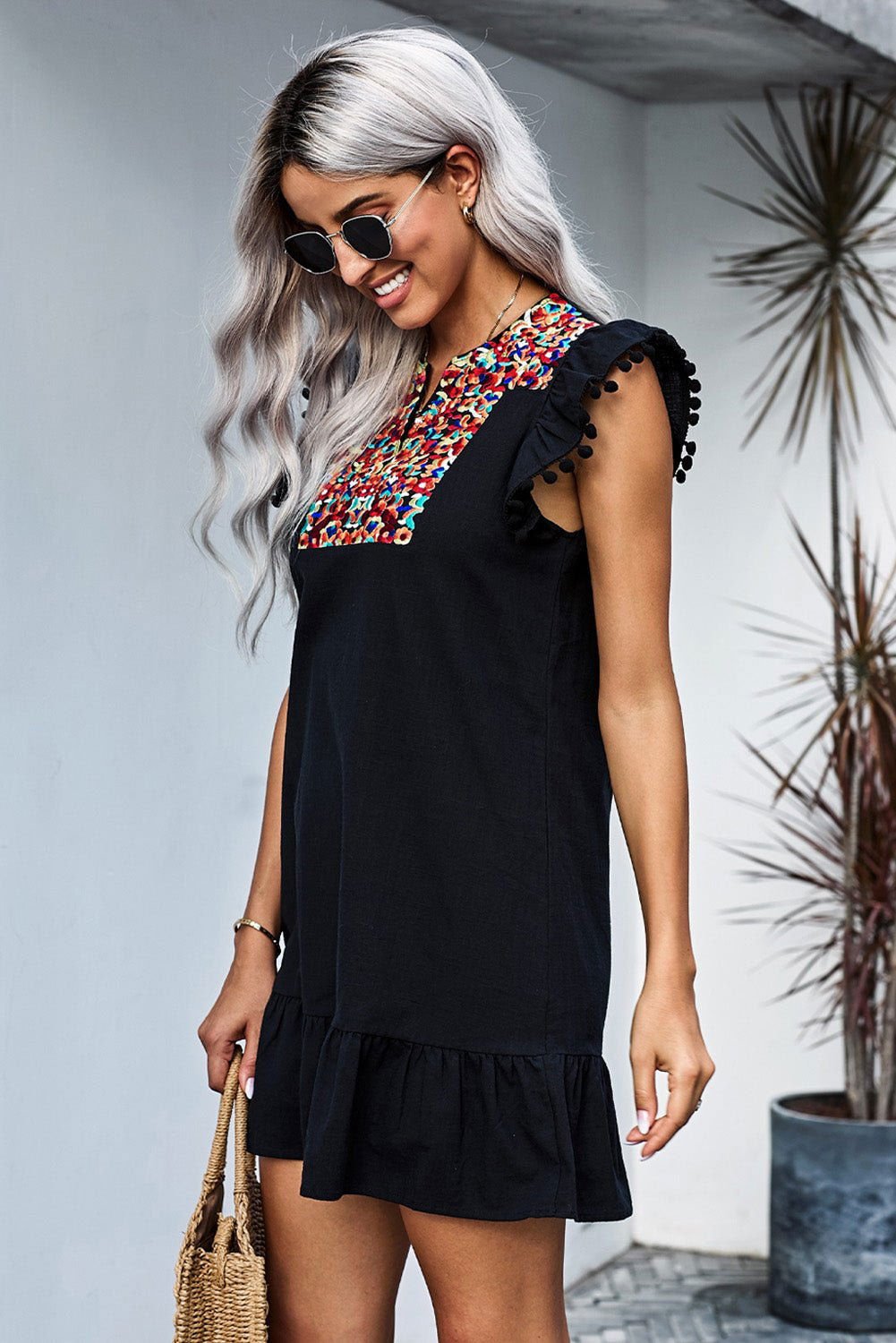 Black Pom Pom A Line Ruffled Sleeveless Short Dress - Chic Style - Vesteeto