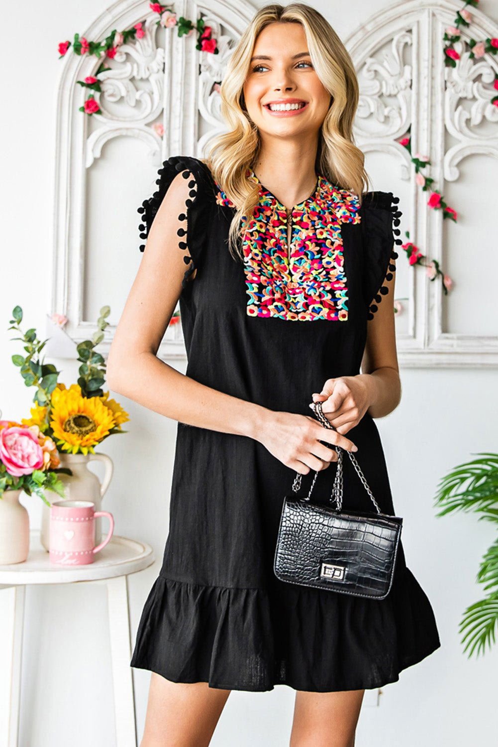 Black Pom Pom A Line Ruffled Sleeveless Short Dress - Chic Style - Vesteeto