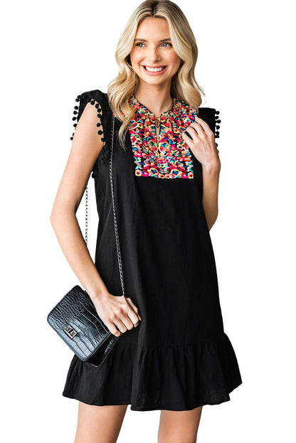 Black Pom Pom A Line Ruffled Sleeveless Short Dress - Chic Style - Vesteeto