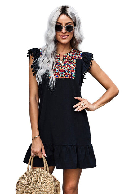 Black Pom Pom A Line Ruffled Sleeveless Short Dress - Chic Style - Vesteeto