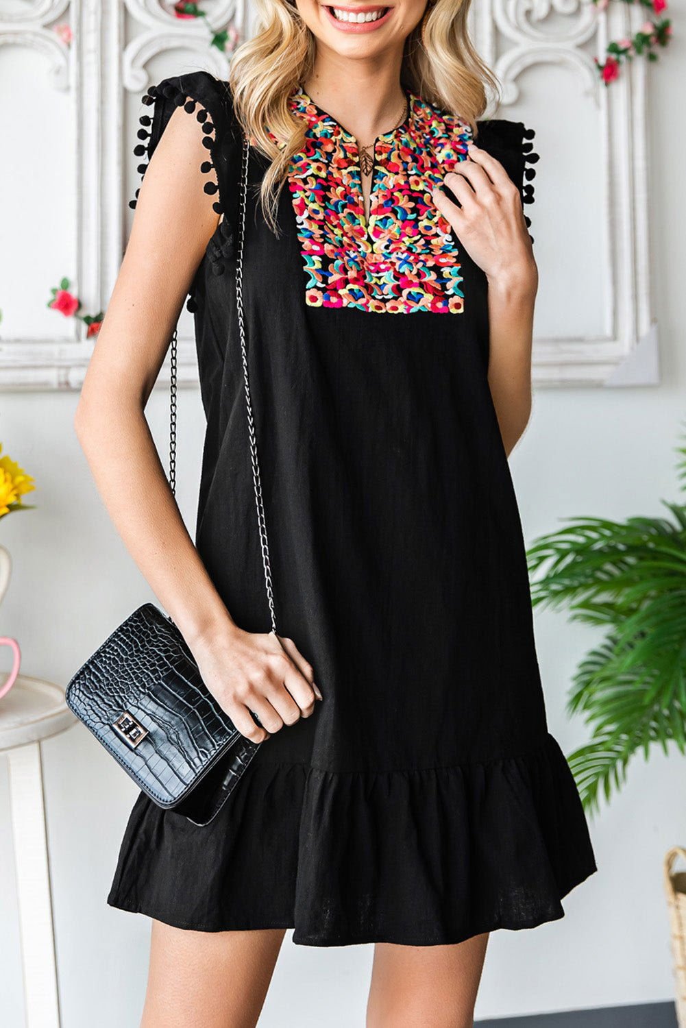 Black Pom Pom A Line Ruffled Sleeveless Short Dress - Chic Style - Vesteeto