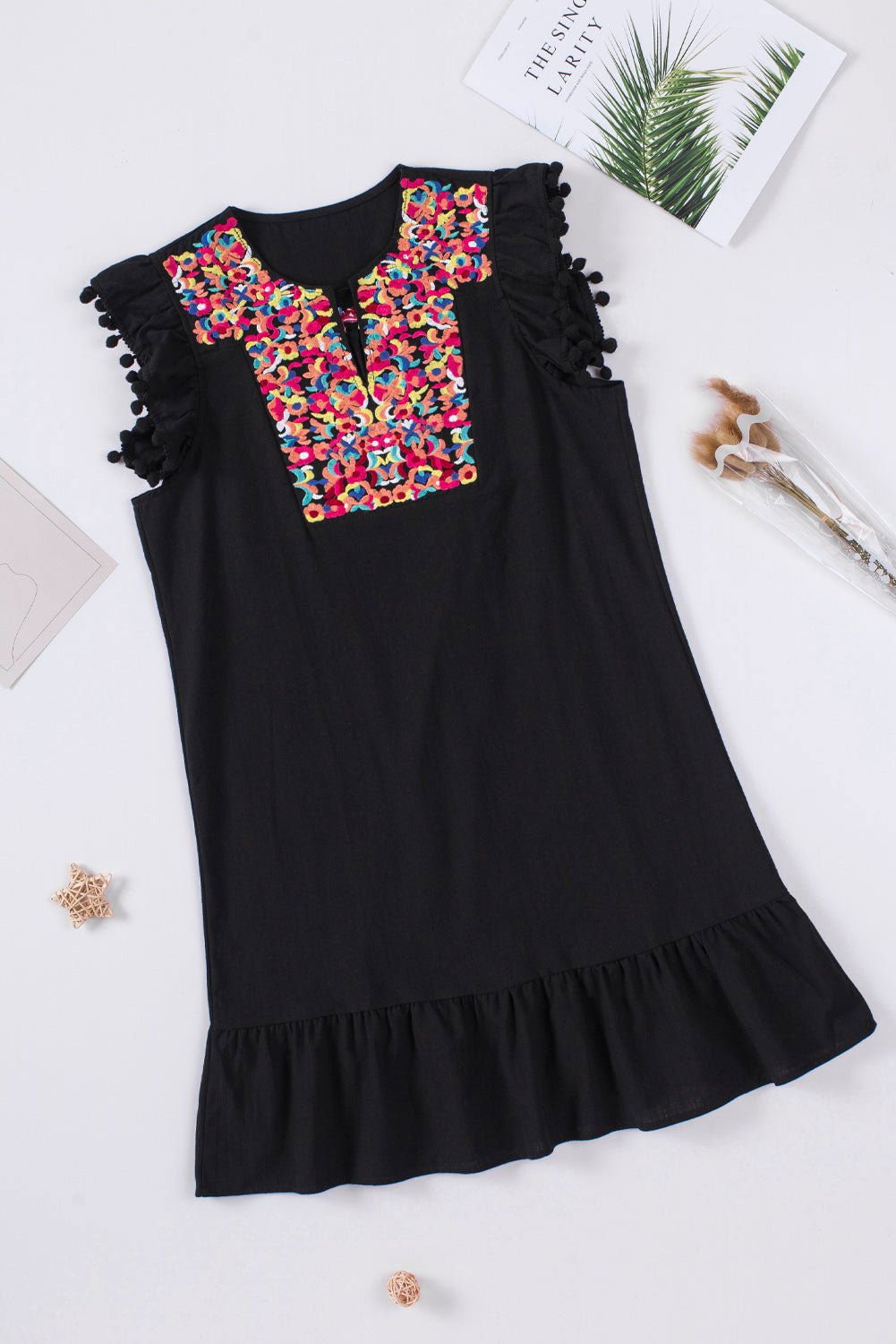 Black Pom Pom A Line Ruffled Sleeveless Short Dress - Chic Style - Vesteeto