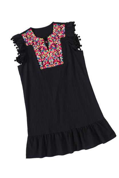 Black Pom Pom A Line Ruffled Sleeveless Short Dress - Chic Style - Vesteeto