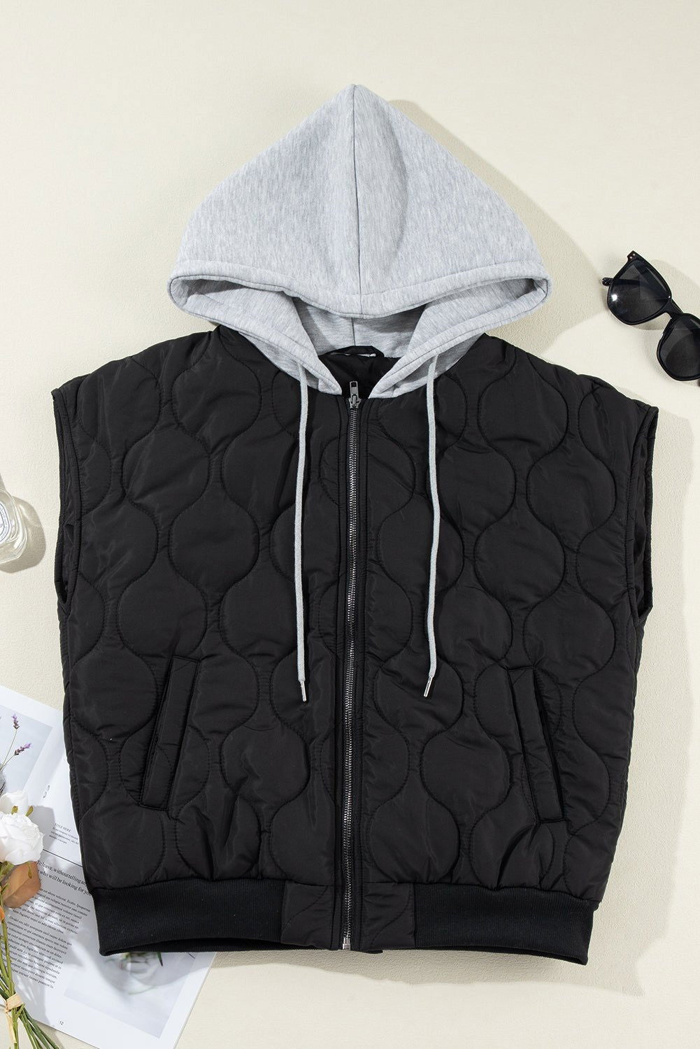 Black Quilted Drawstring Hooded Zip Up Puffer Vest - Vesteeto