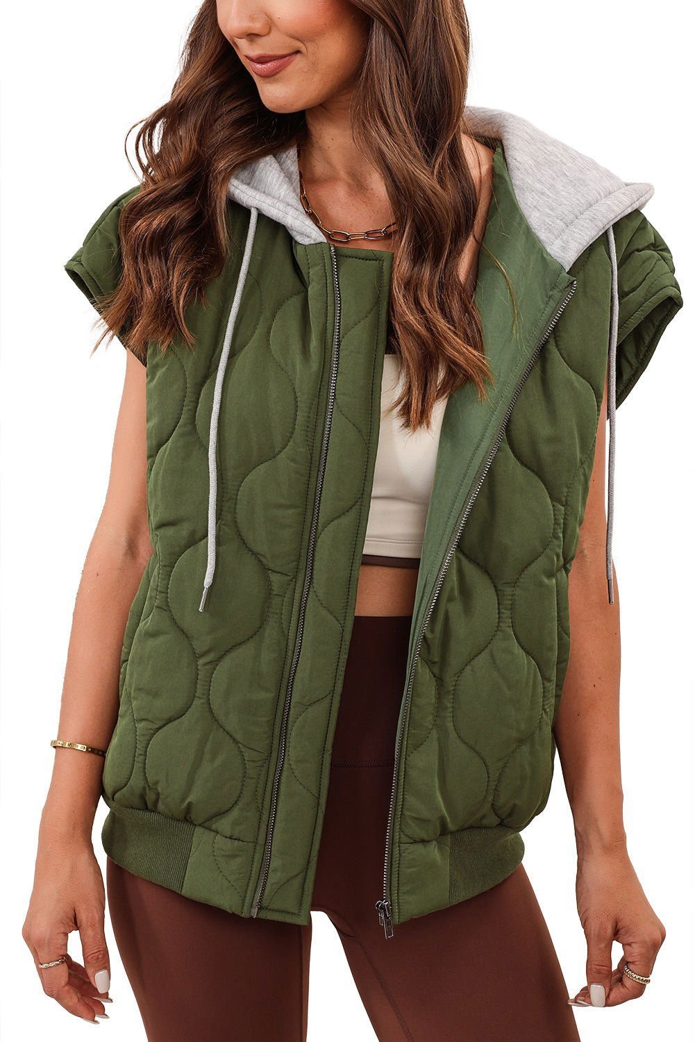 Black Quilted Drawstring Hooded Zip Up Puffer Vest - Vesteeto