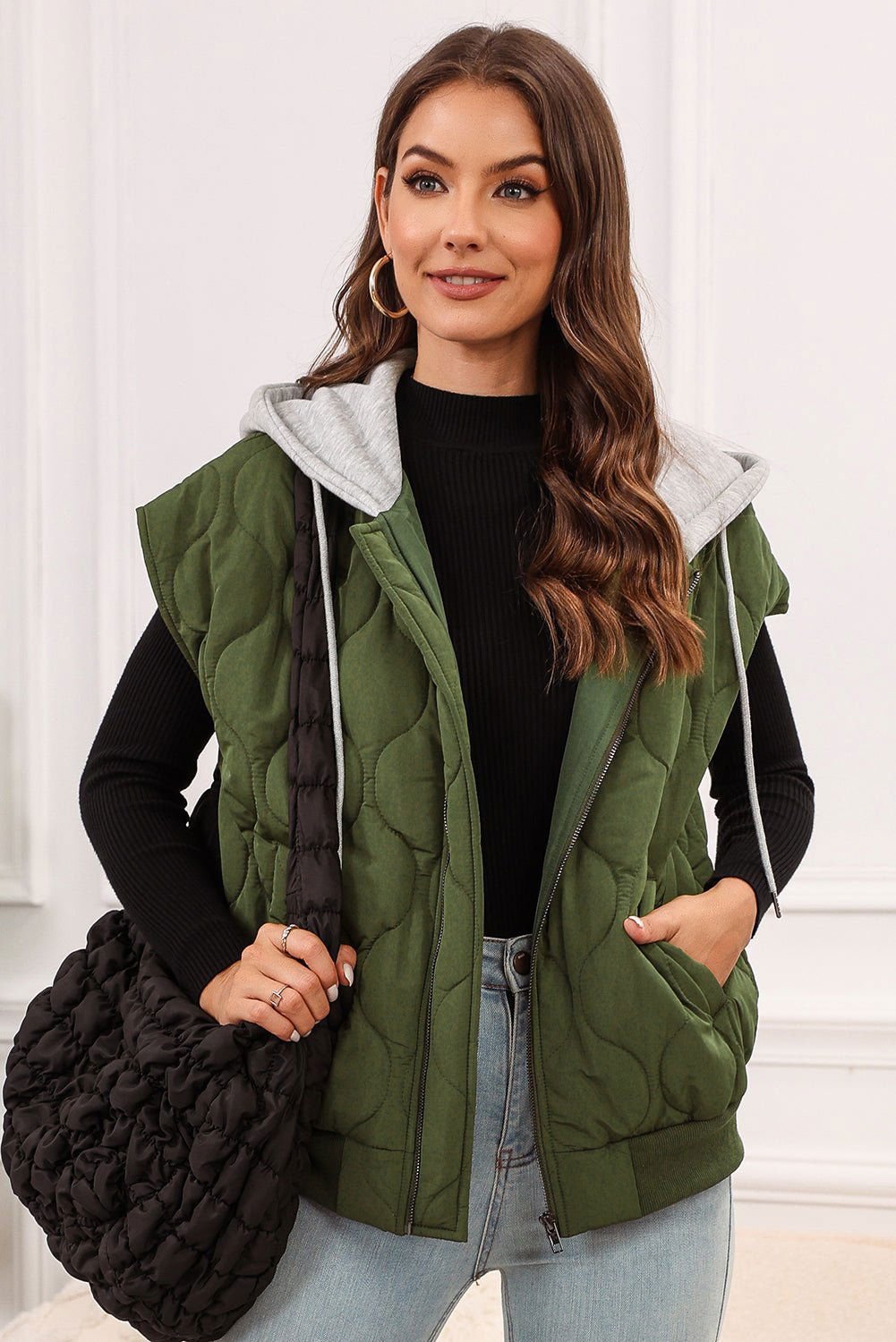 Black Quilted Drawstring Hooded Zip Up Puffer Vest - Vesteeto