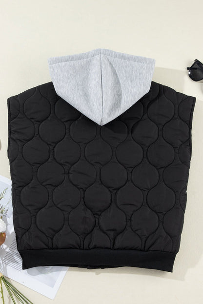 Black Quilted Drawstring Hooded Zip Up Puffer Vest - Vesteeto