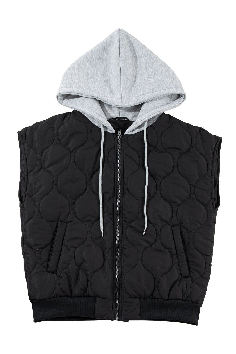 Black Quilted Drawstring Hooded Zip Up Puffer Vest - Vesteeto