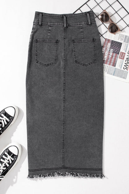 Black Raw Edge Side Slits Buttoned Midi Denim Skirt - Vesteeto