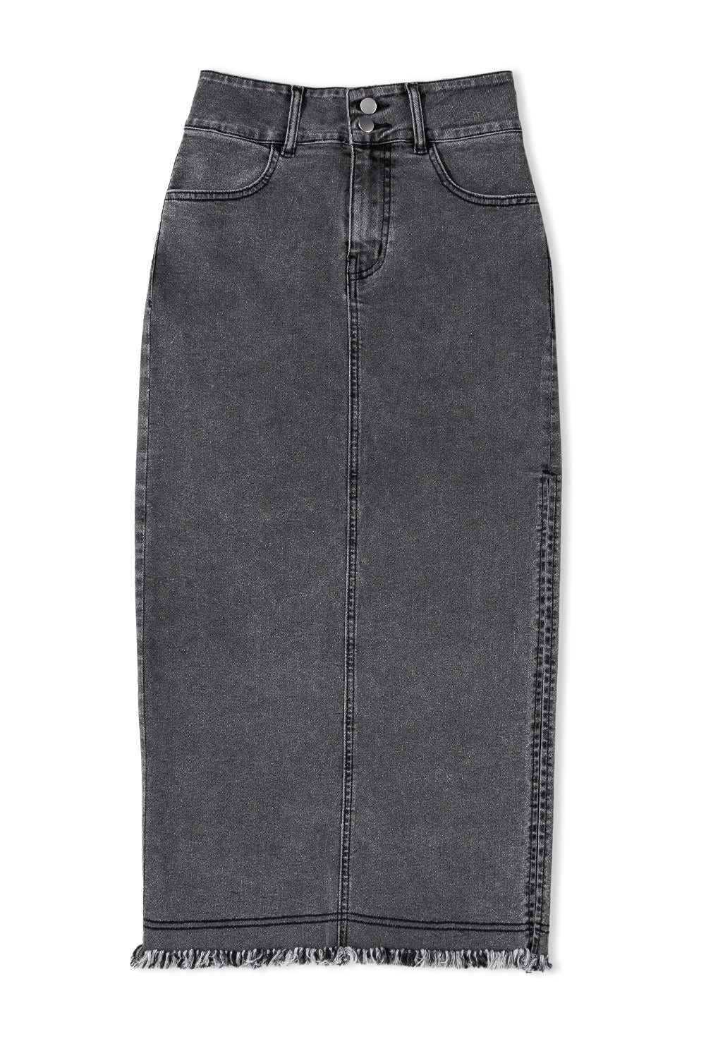 Black Raw Edge Side Slits Buttoned Midi Denim Skirt - Vesteeto