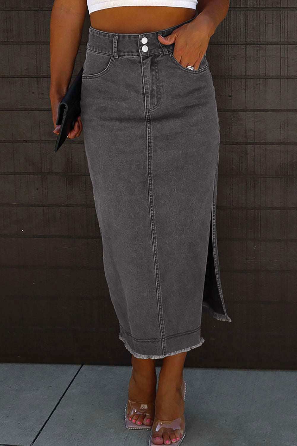 Black Raw Edge Side Slits Buttoned Midi Denim Skirt - Vesteeto